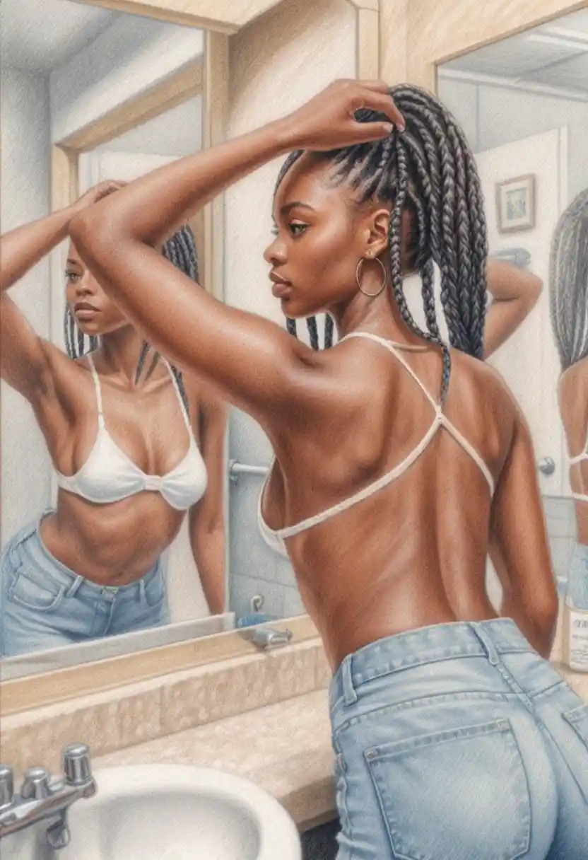 Young woman adjusting braids in a bathroom mirror