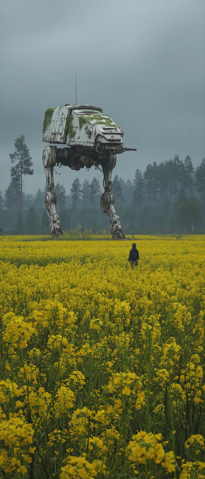 Colossal Rusted Mech In Swedish Canola Countryside