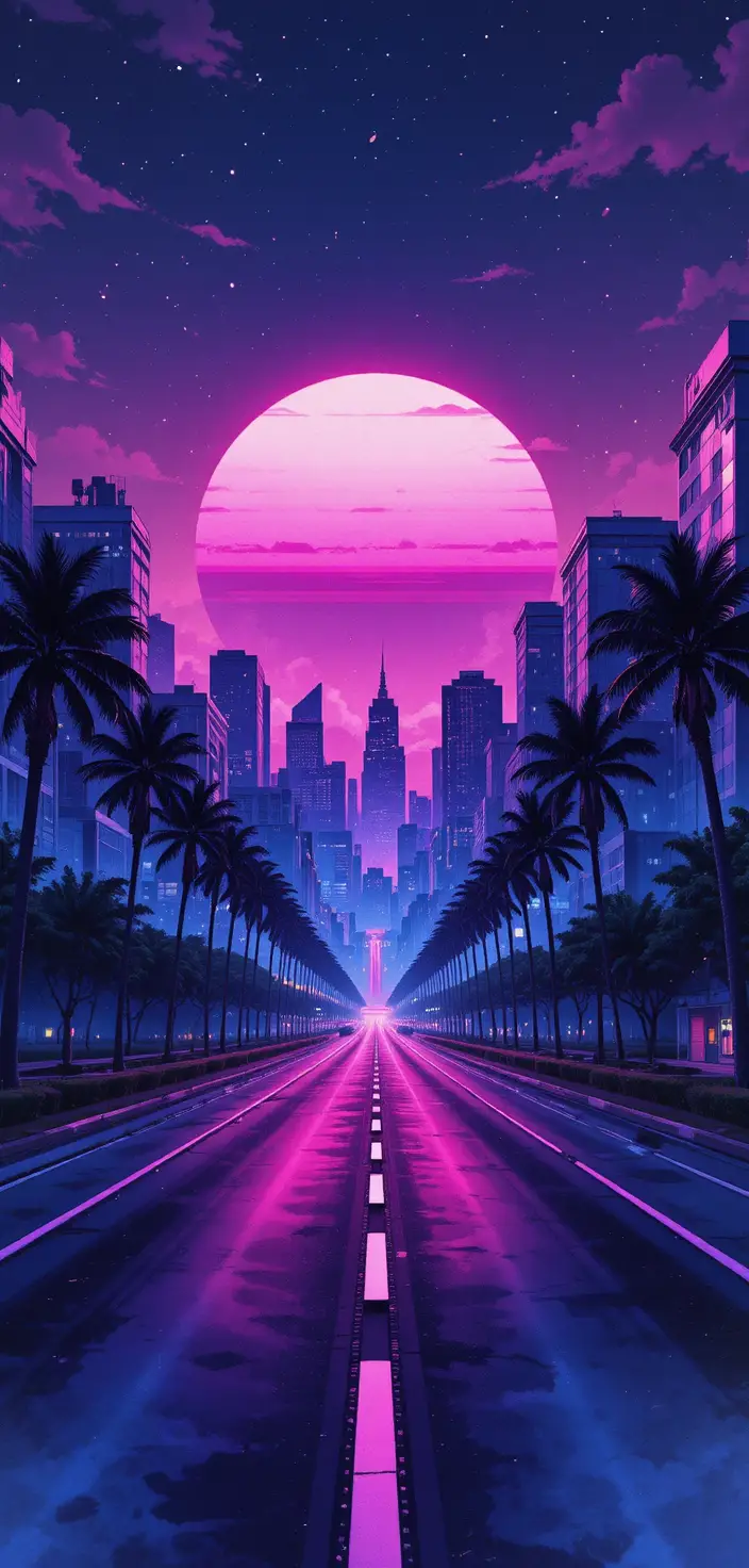 Neon retro city street under a glowing synthwave sun