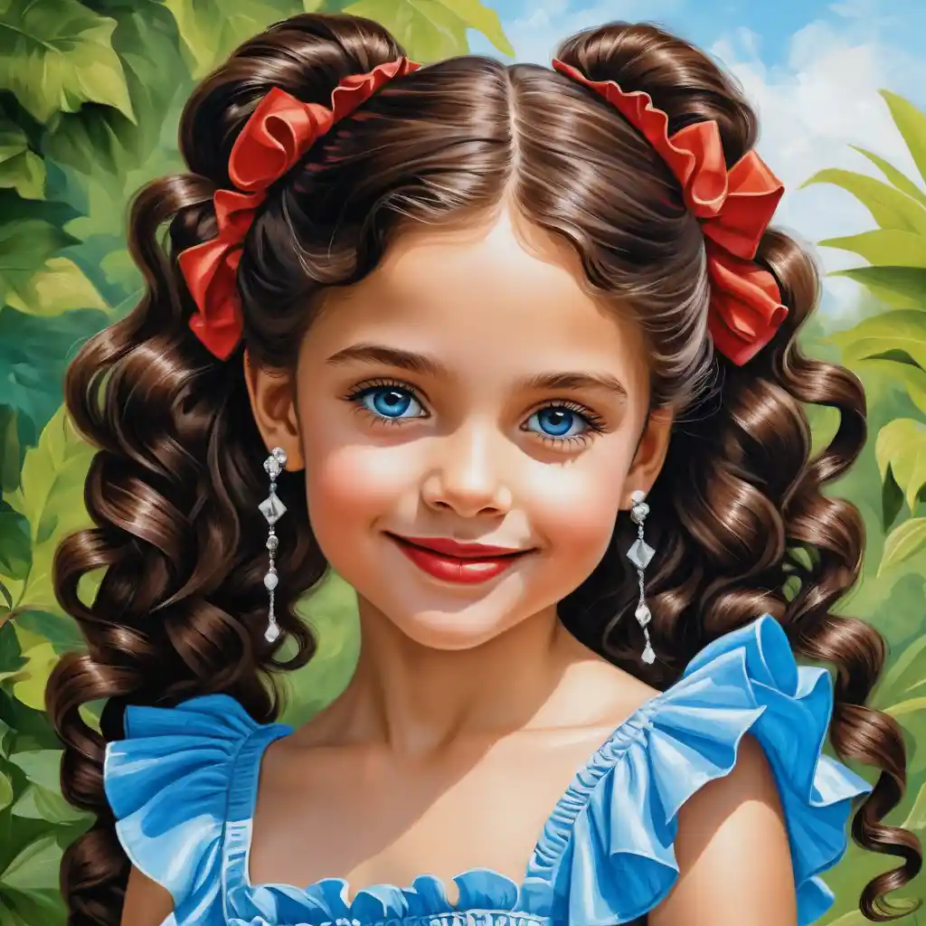 Smiling girl with curly black hair in summer dress