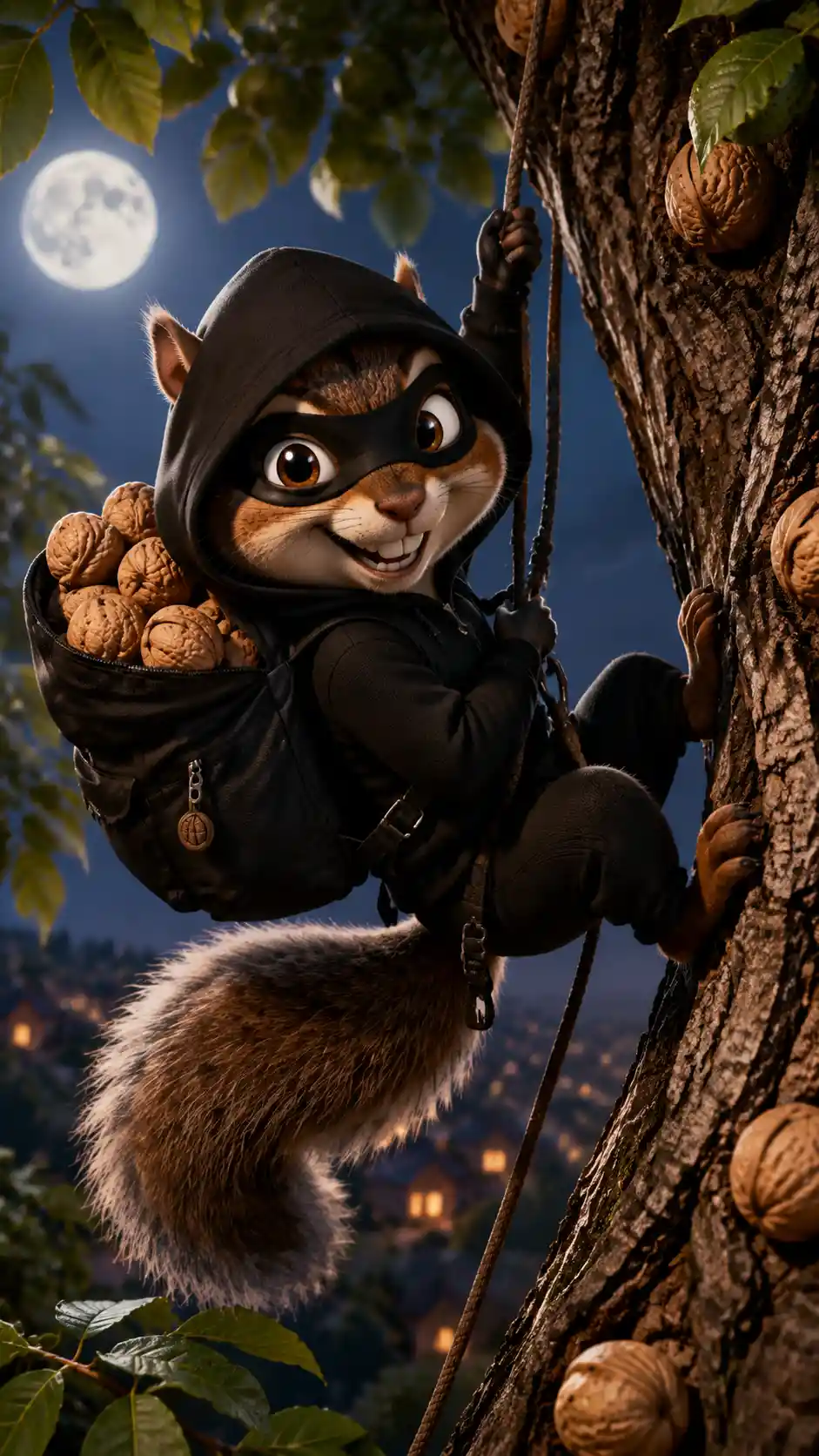 Cartoon squirrel thief rappelling down a walnut tree