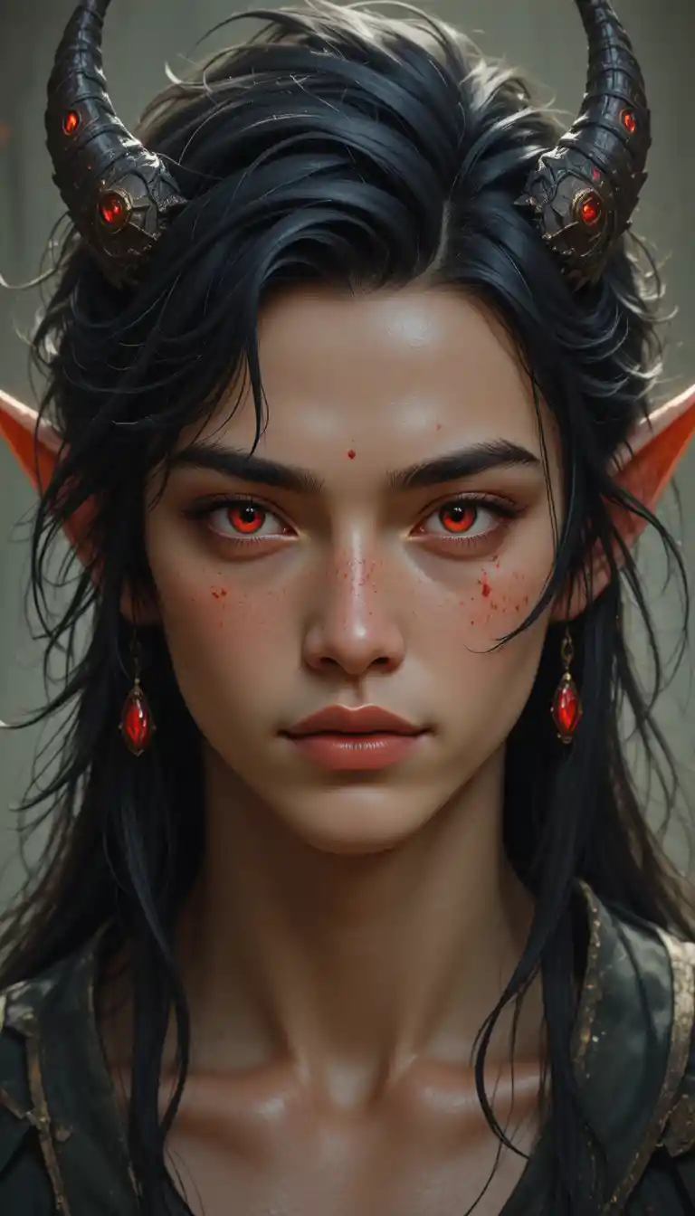 Half elf half demon man with dark hair and horns