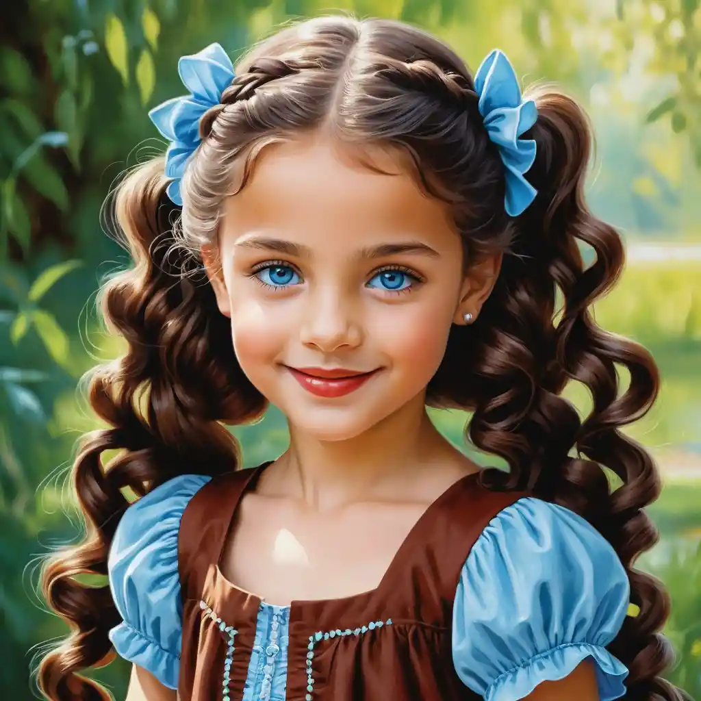 Smiling curly haired girl in a ruffled summer dress