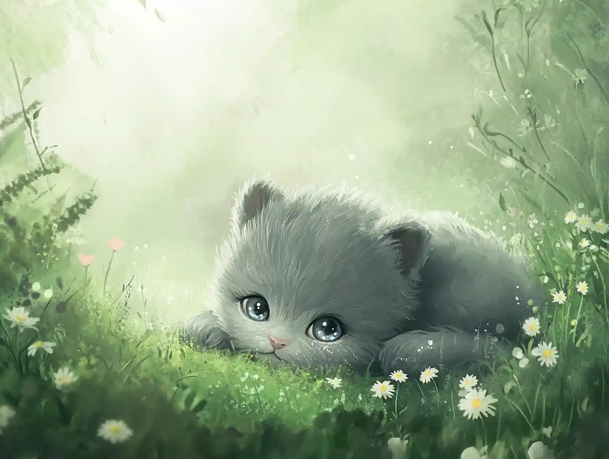 Cute baby animal resting in a misty green meadow