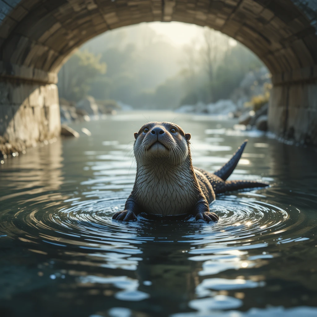 Felt otter swimming under a stone bridge in sunlight