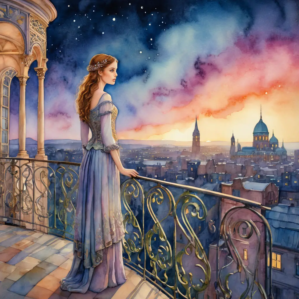 Woman on balcony overlooking a whimsical fantasy city