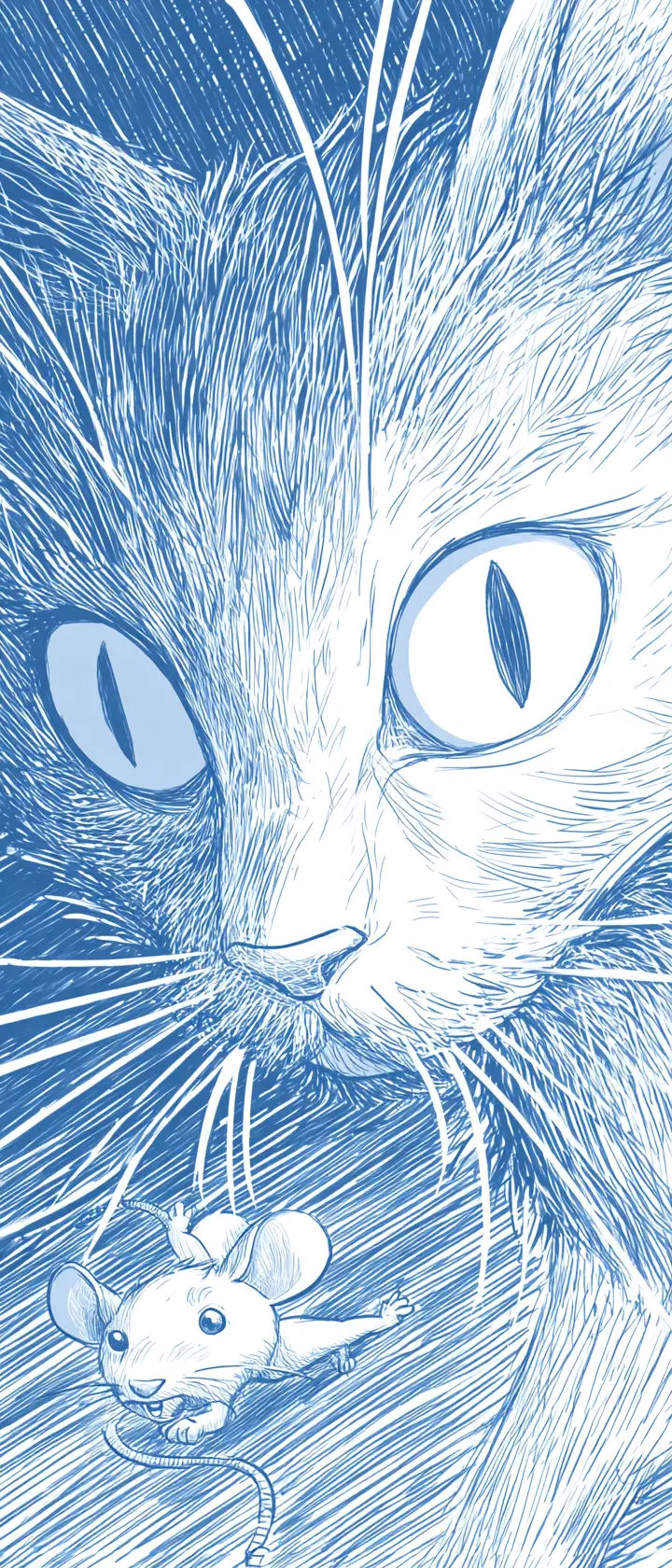 Dynamic manga sketch of a cat chasing a fleeing mouse