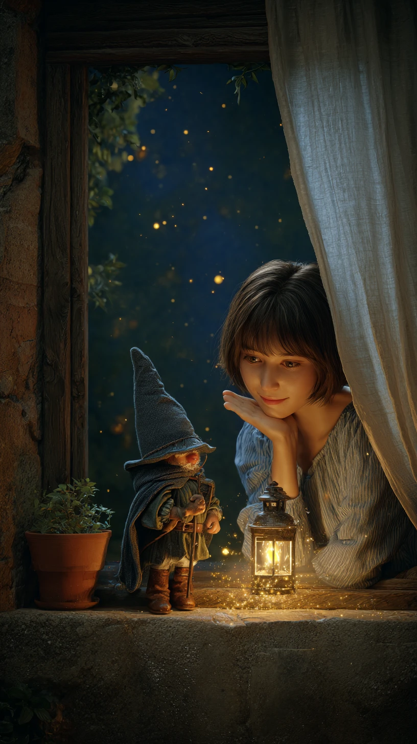 Woman at stone window watching tiny lantern gnome at night