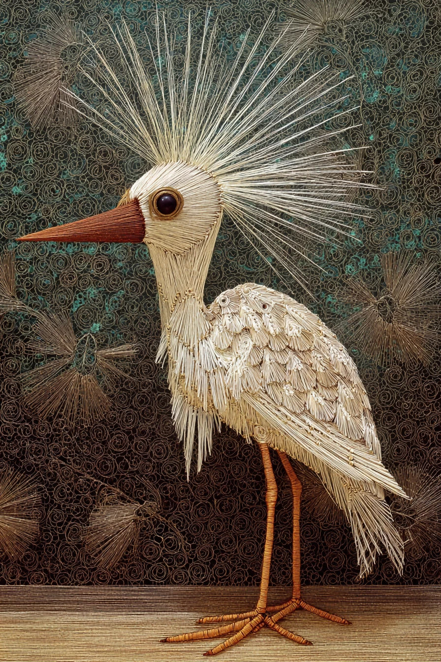 Surreal nylon feathered ostrich with nickel eyes and feet