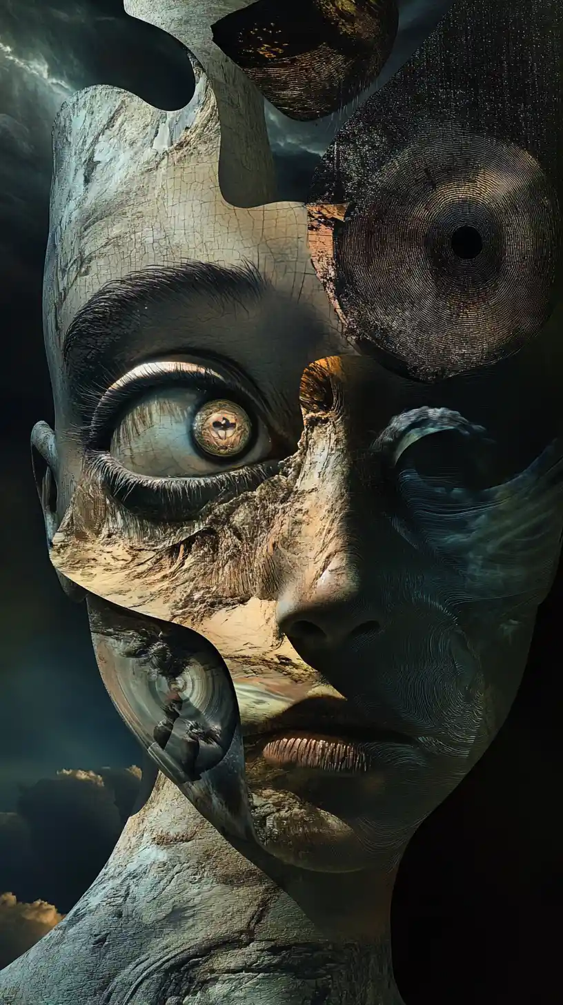 Surreal figure shifting into new abstract spiritual dimensions