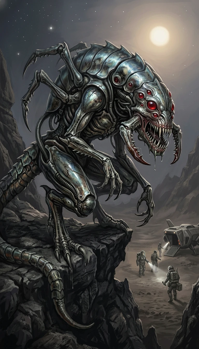 Grotesque alien monster watching a distant human landing party