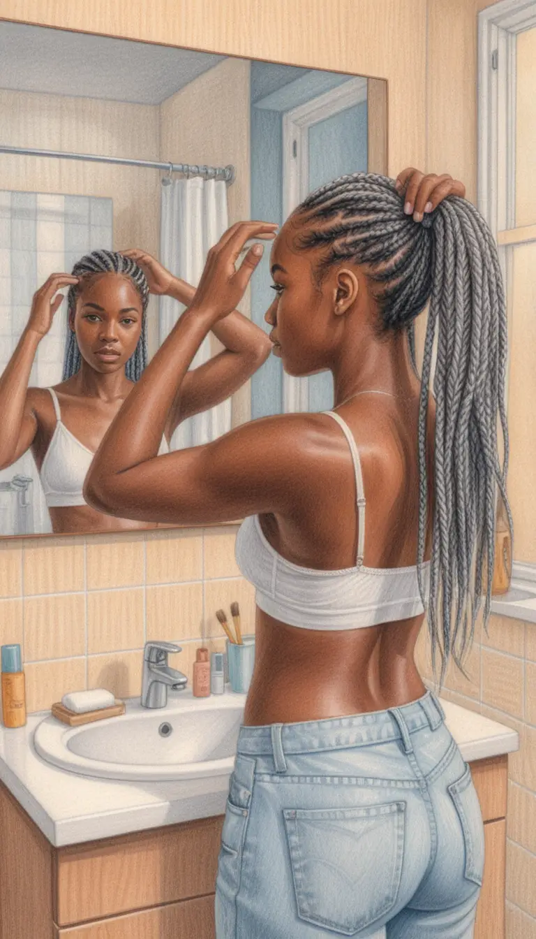 Young woman adjusting braids before a bathroom mirror