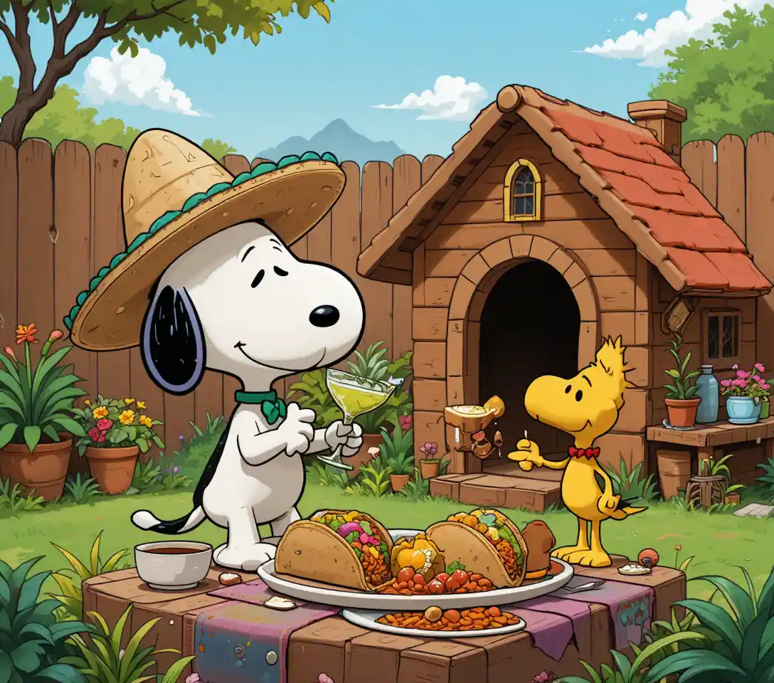 Cartoon dog and bird celebrating Cinco de Mayo outside
