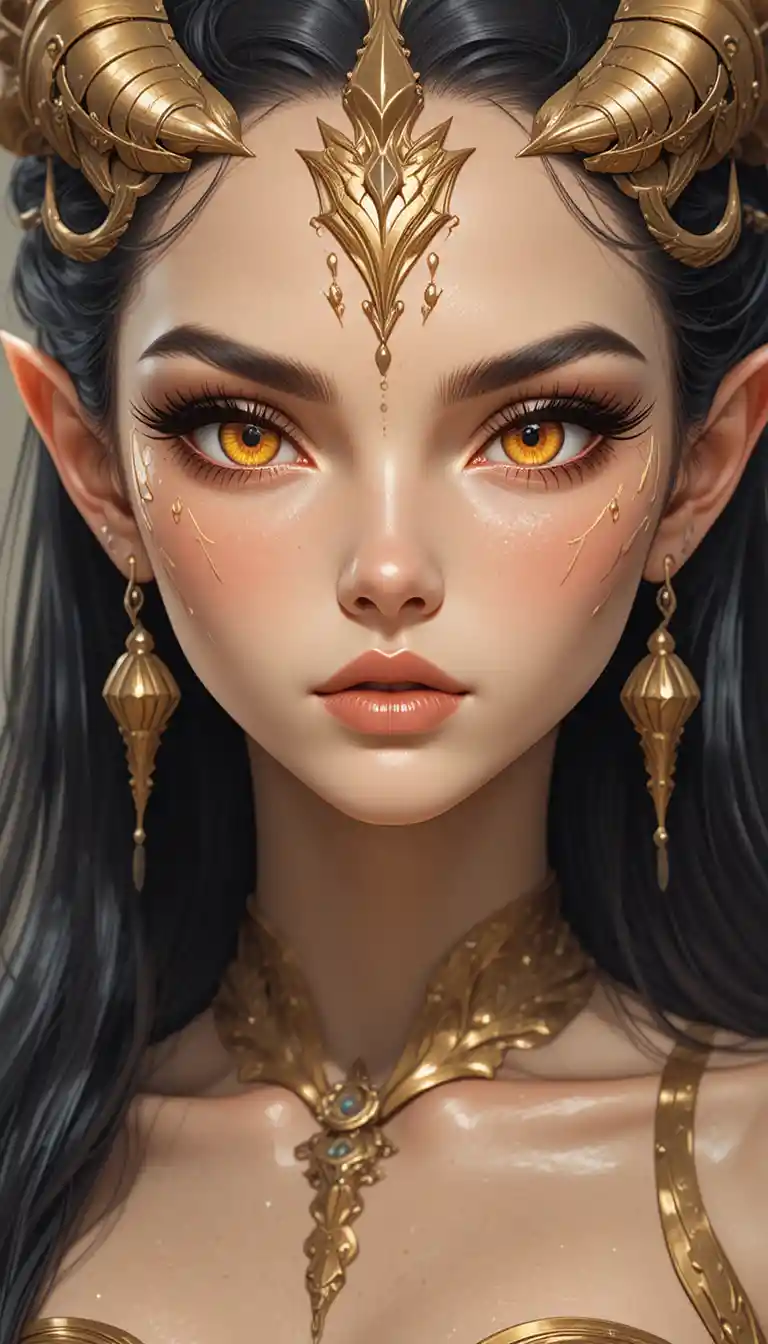 Dragon woman with amber eyes in a Wakfu inspired universe