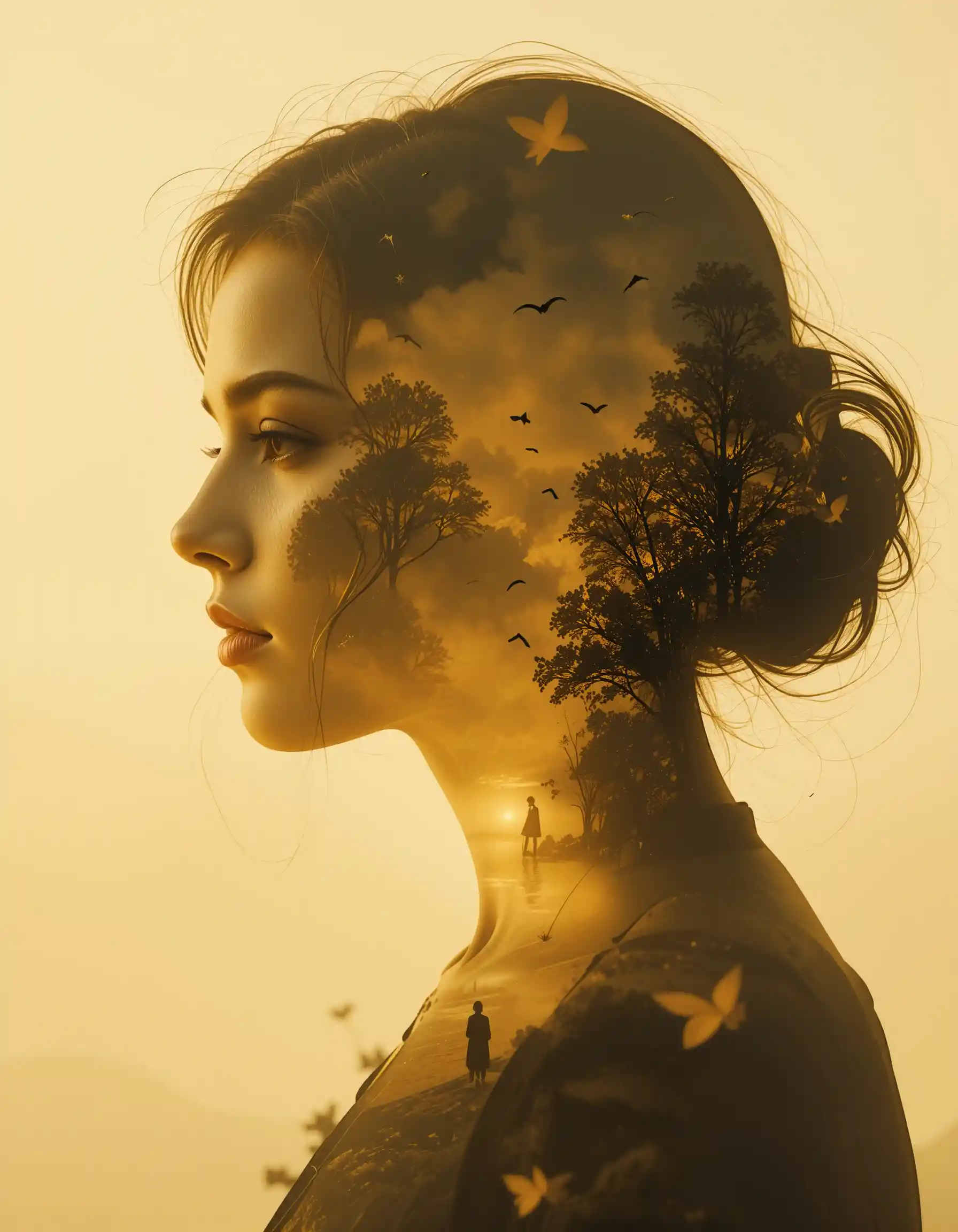 Double exposure portrait of a woman with golden landscape