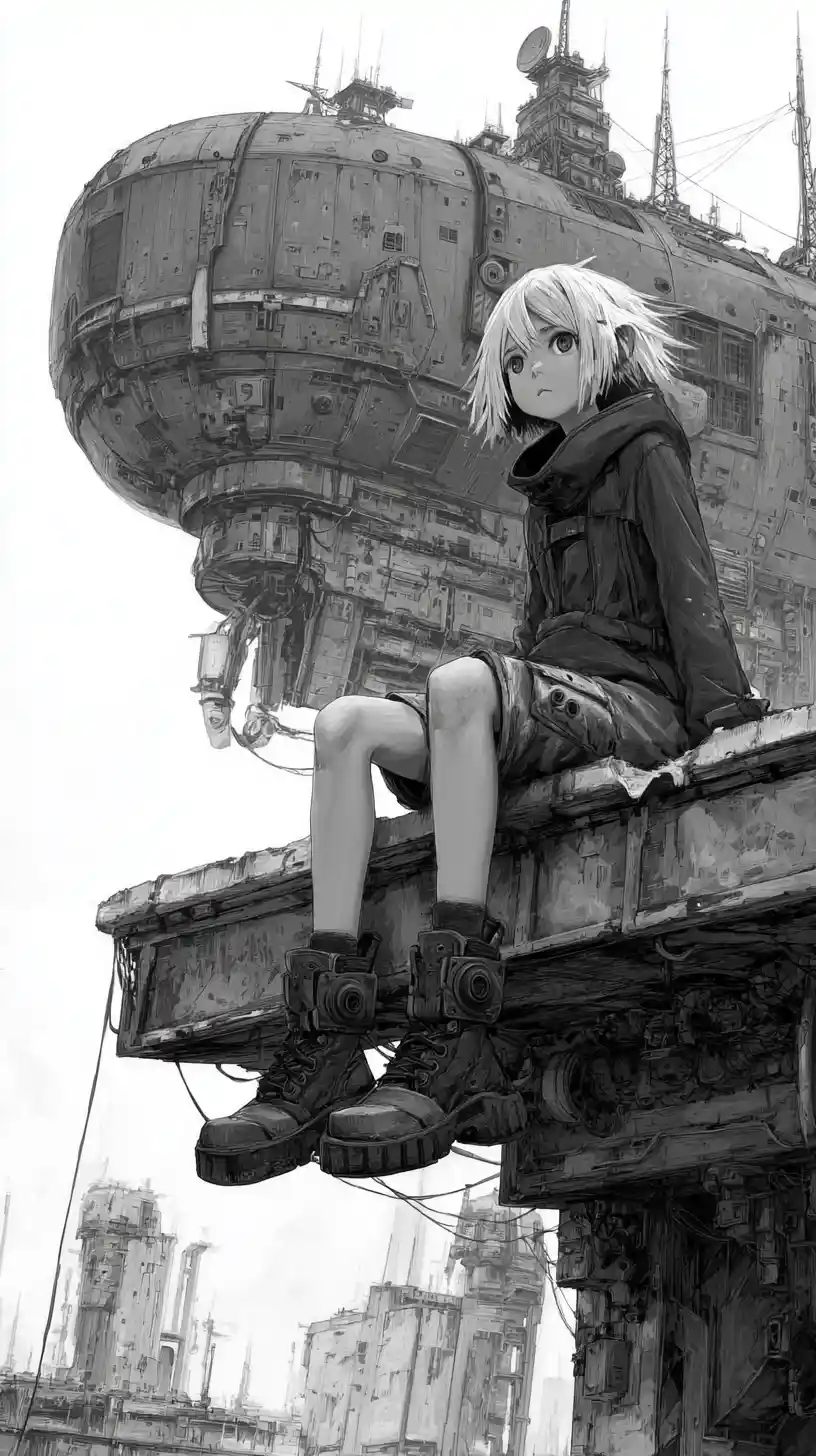 Ragazza anime su cornicione in rovina sotto un'imponente fortezza volante
