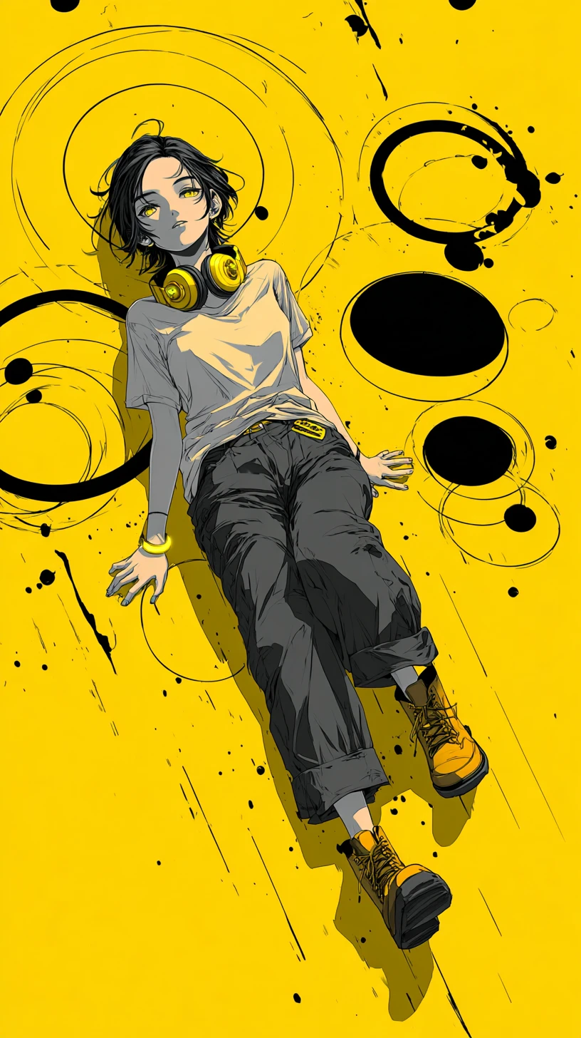 Anime girl in yellow headphones on bold abstract background
