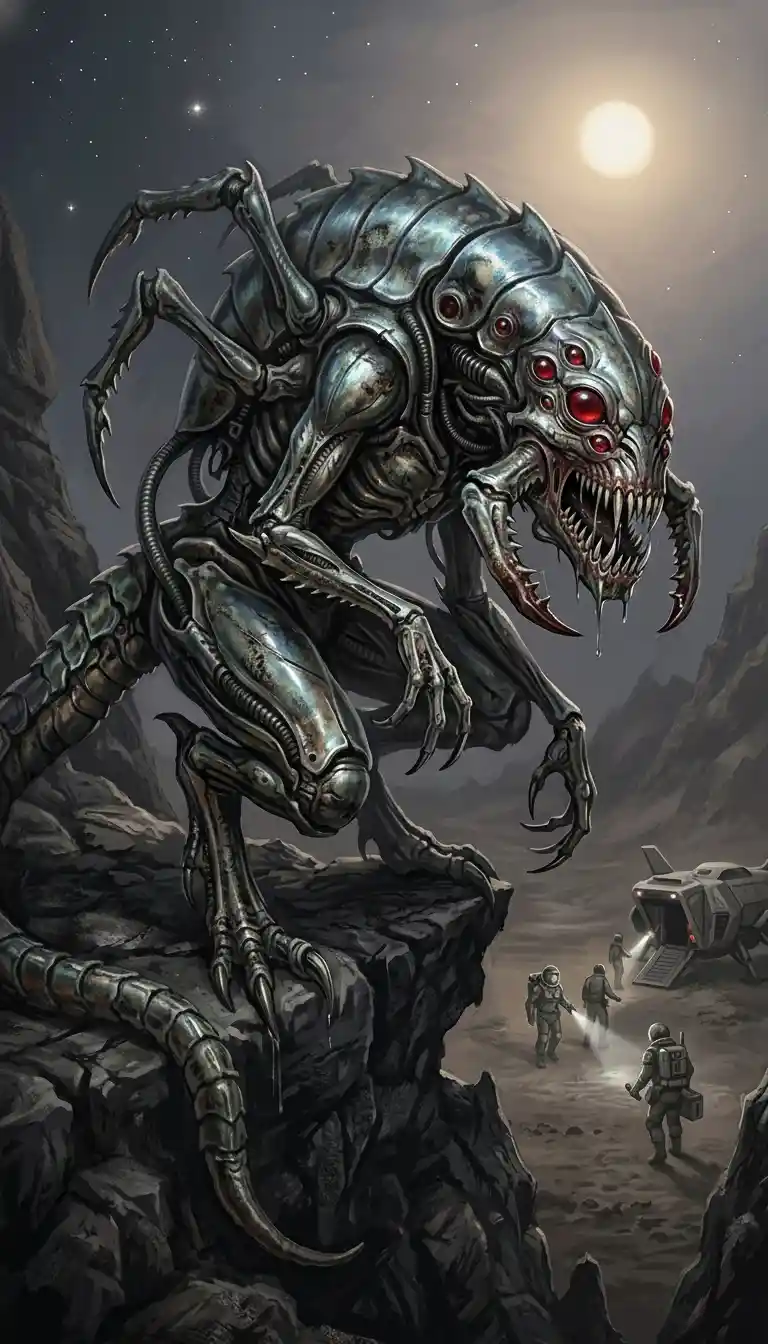 Grotesque alien monster watching a distant human landing party
