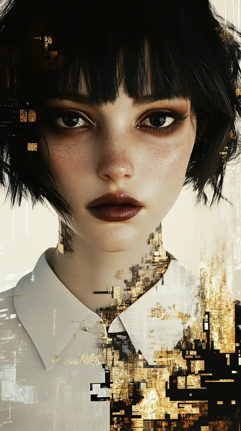 Mysterious girl portrait dissolving into abstract golden blocks