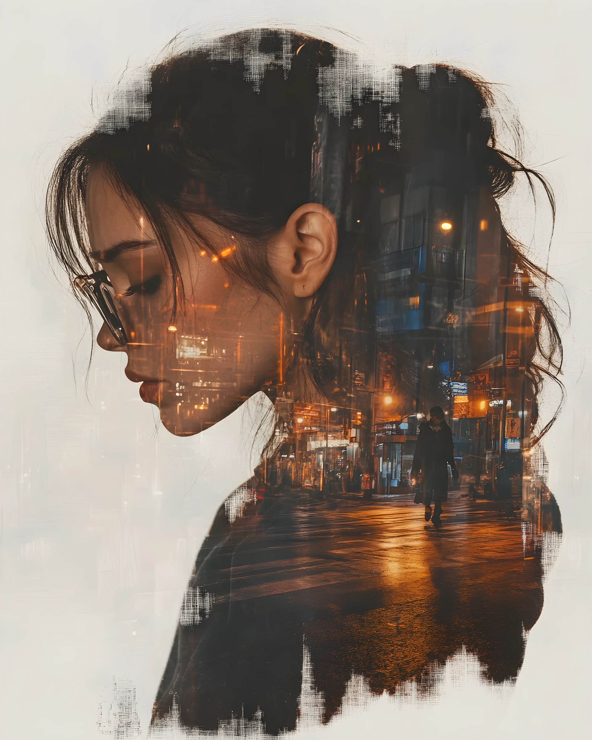 Double exposure portrait of a woman in thoughtful profile