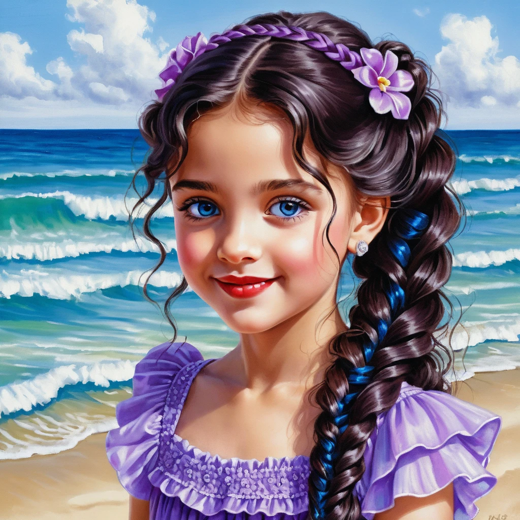 Smiling curly haired girl in a purple summer dress
