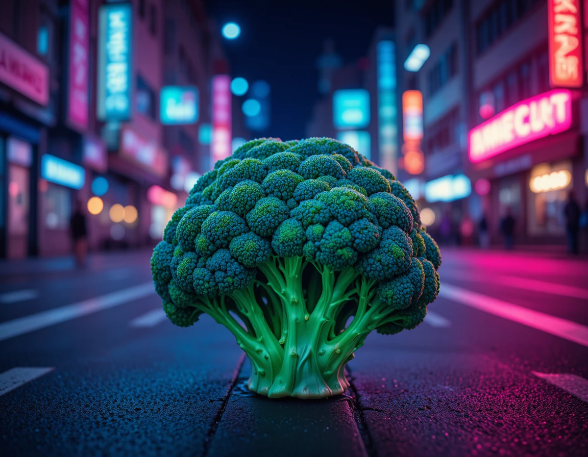 Surreal macro broccoli in neon lit night cityscape