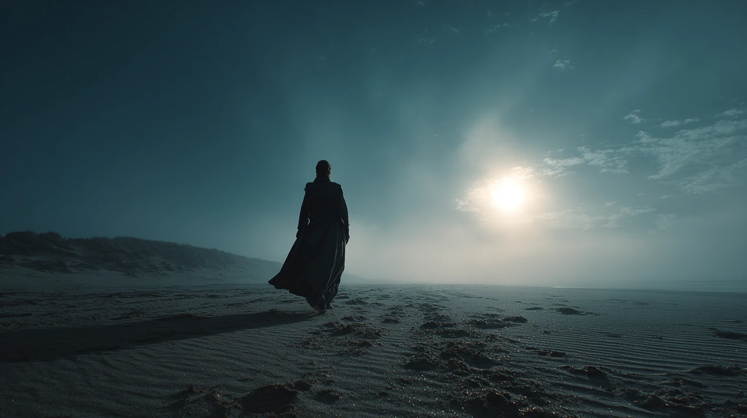 Tall desert priestess with guards under twin suns