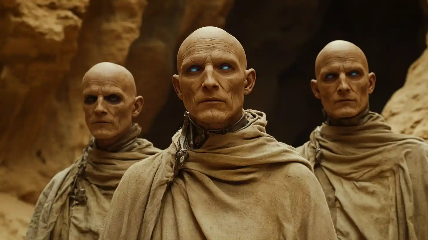 Three mystic guardians stand before an ancient canyon cave