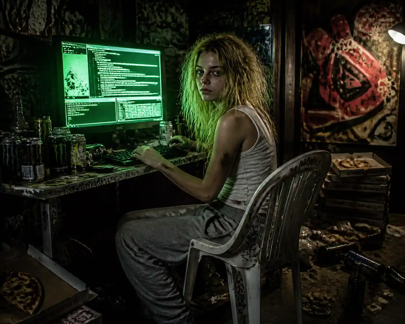Exhausted young hacker lit by green computer glow