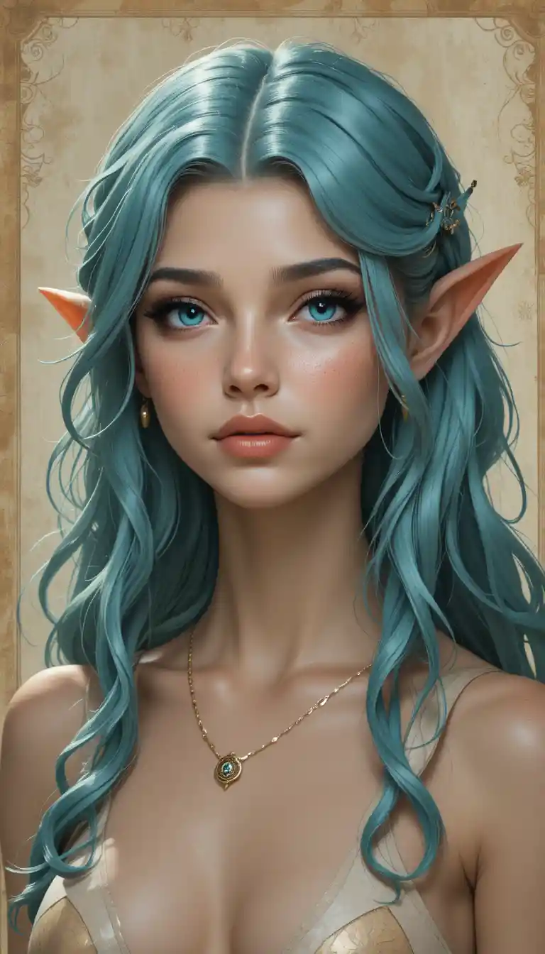 Elegant blue haired mermaid woman in a Wakfu fantasy world
