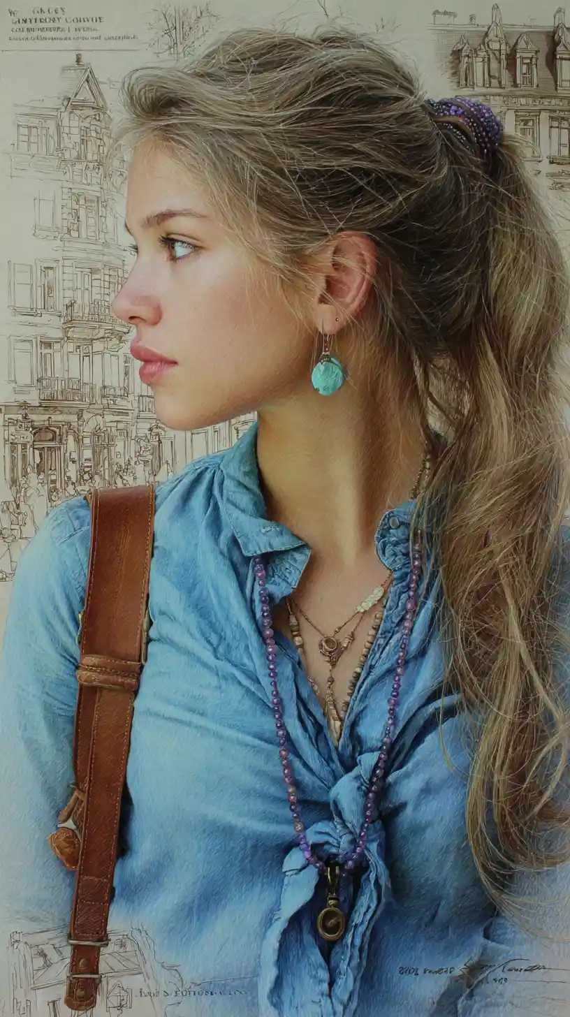 Young woman in colored pencil with urban foggy backdrop