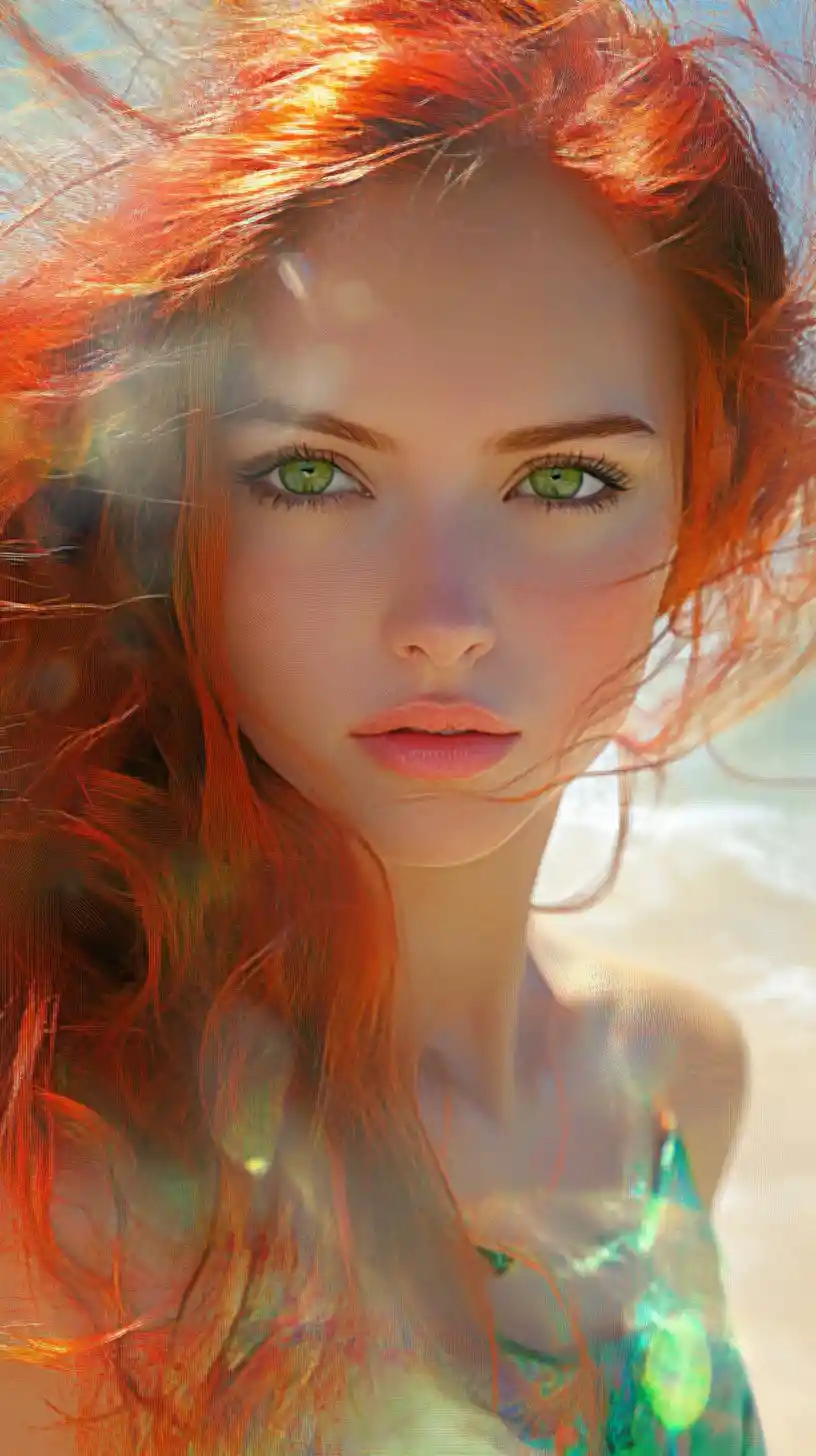 Red haired woman on a sunlit beach in fantasy style