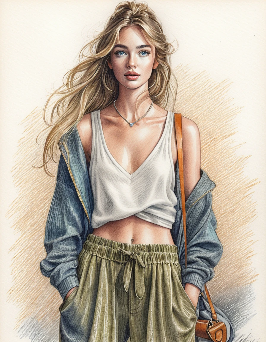 Ilustração de moda de mulher loira caminhando por um boulevard parisiense