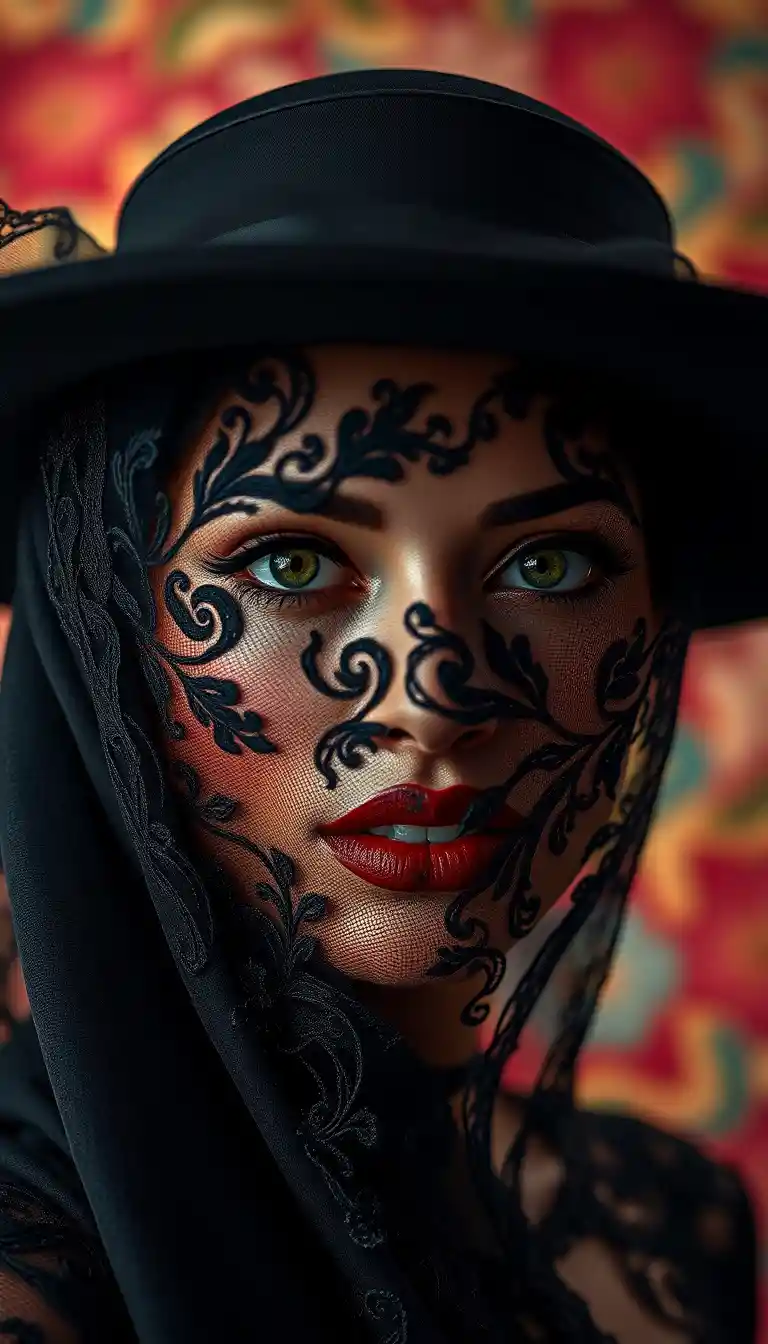 Latina woman in black hat with embroidered veil portrait