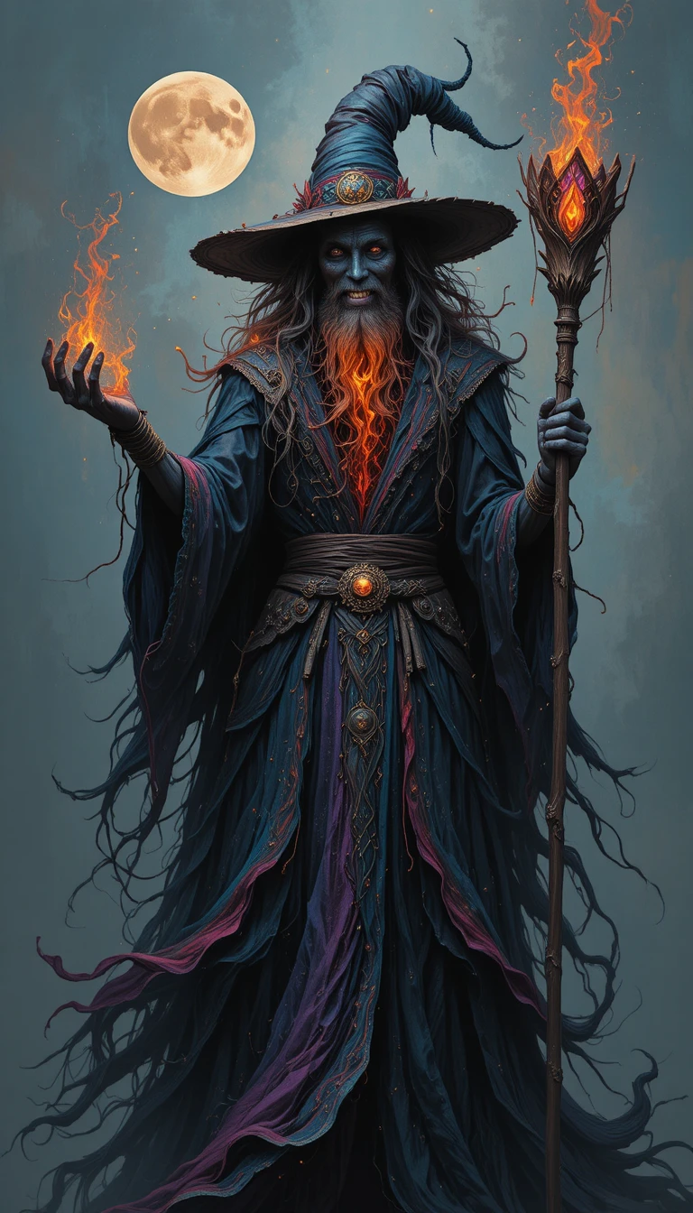 Dark wizard with crackling staff against gray background