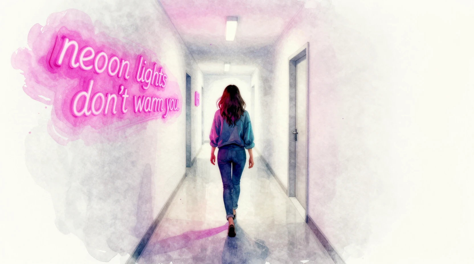 Woman walking through a long white corridor under neon lights