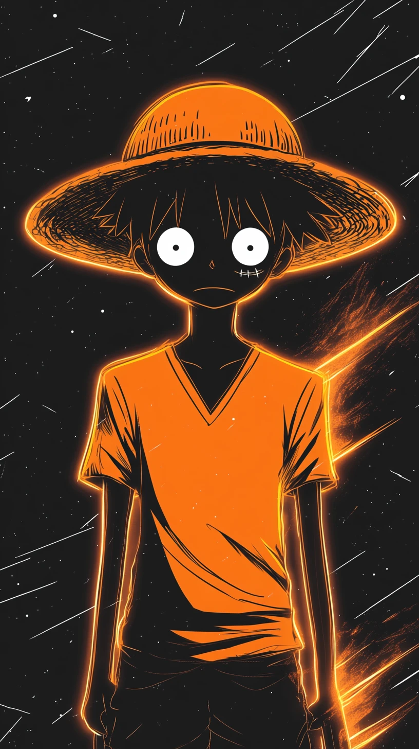 Neon Anime Swordsman With Straw Hat On Cosmic Black Background