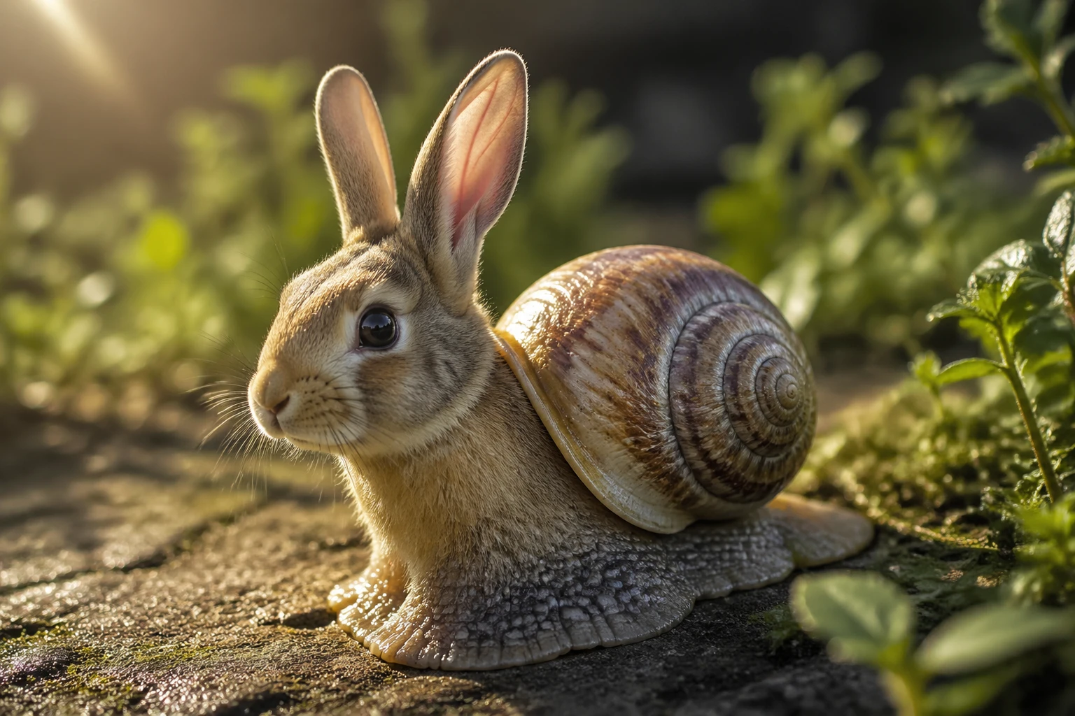 Photorealistic close up of a snail with rabbit head