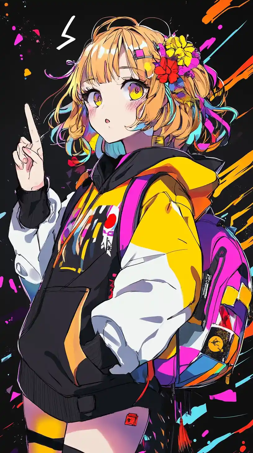 Anime girl with flowers and geometric street art background