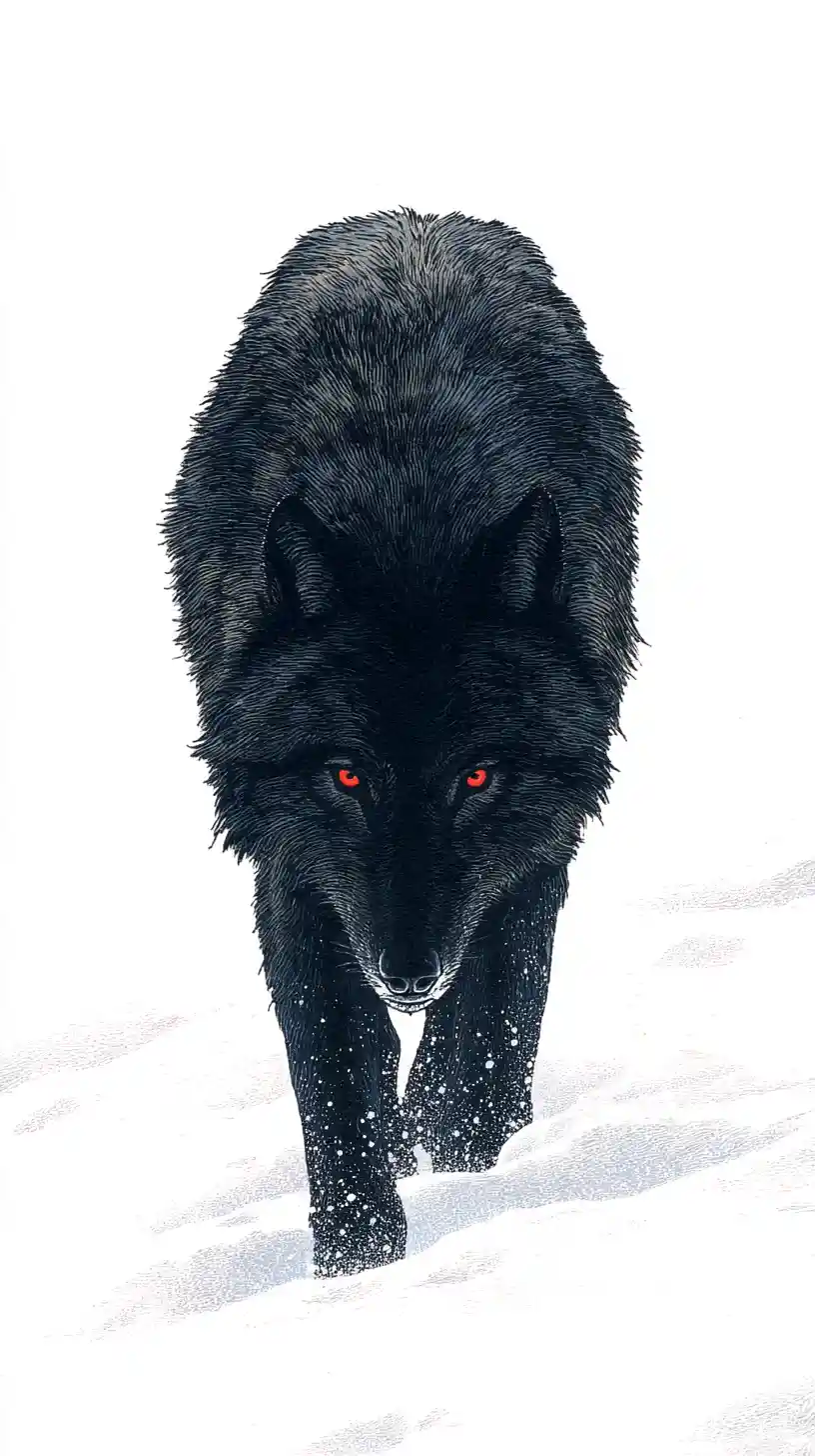 Black wolf with red eyes walking across white snow