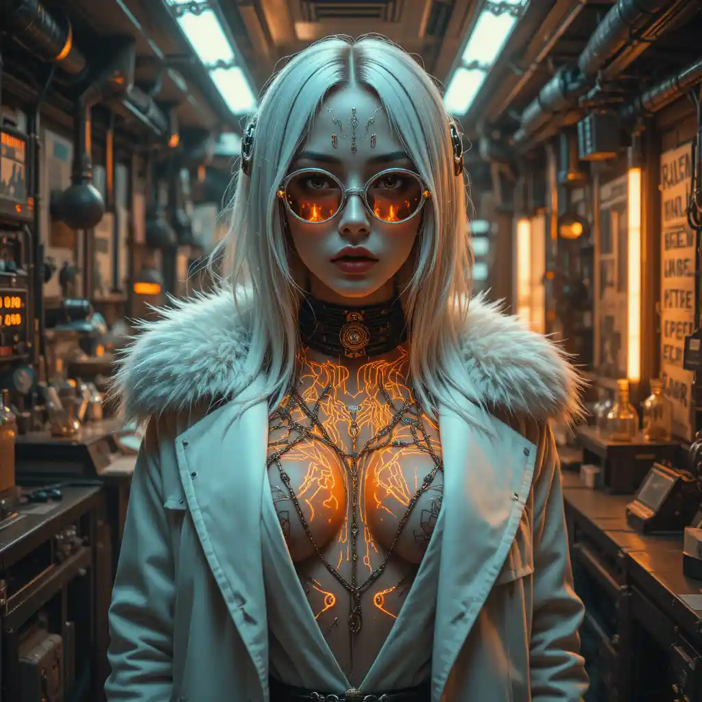 Cyberpunk femme fatale in a high contrast lab close up