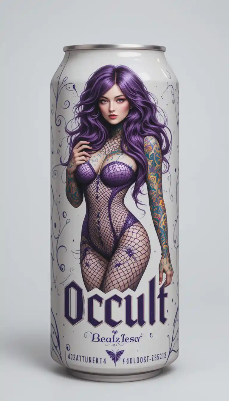 Tattooed woman mascot in purple fishnet on occult beer can