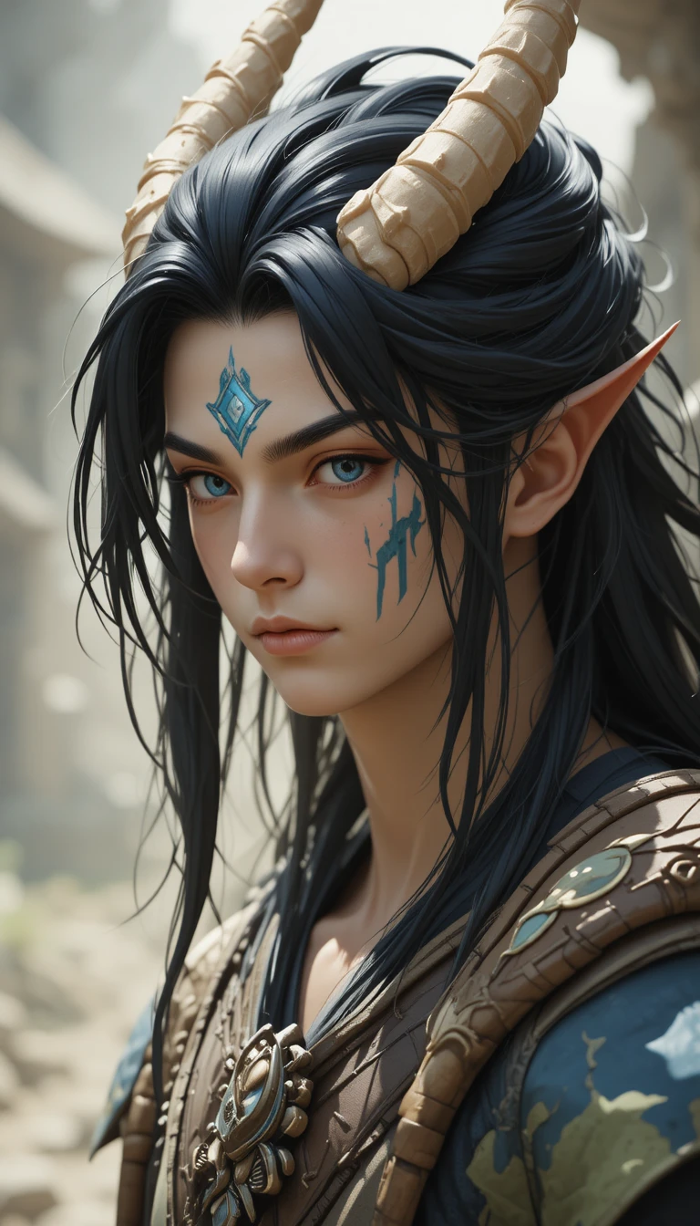 Fantasy man with blue eyes and long black hair