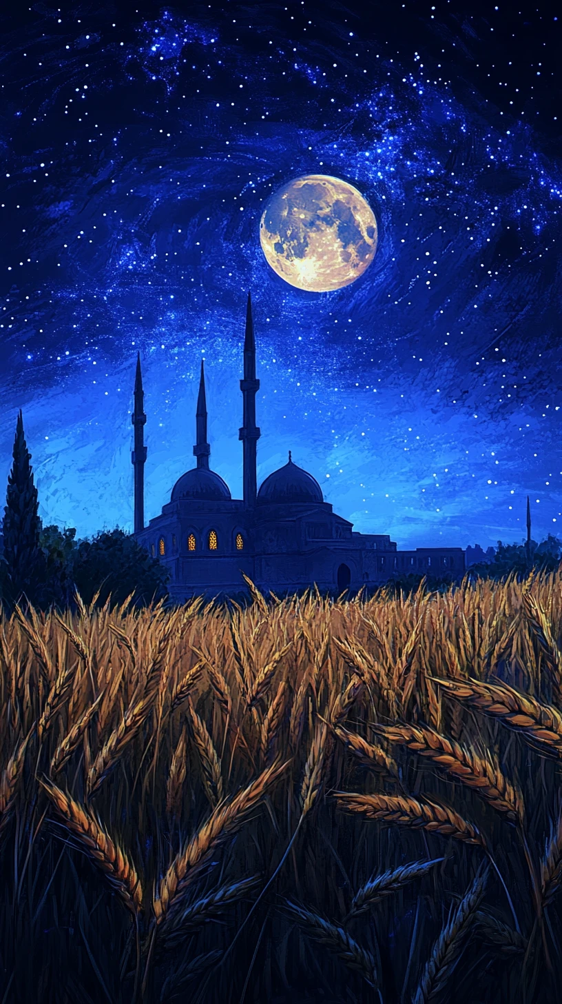 Moonlit mosque beyond a quiet wheat field at night