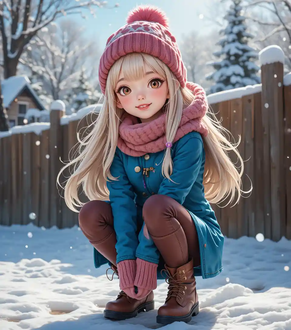 Ragazza anime sorridente in un paesaggio invernale soleggiato