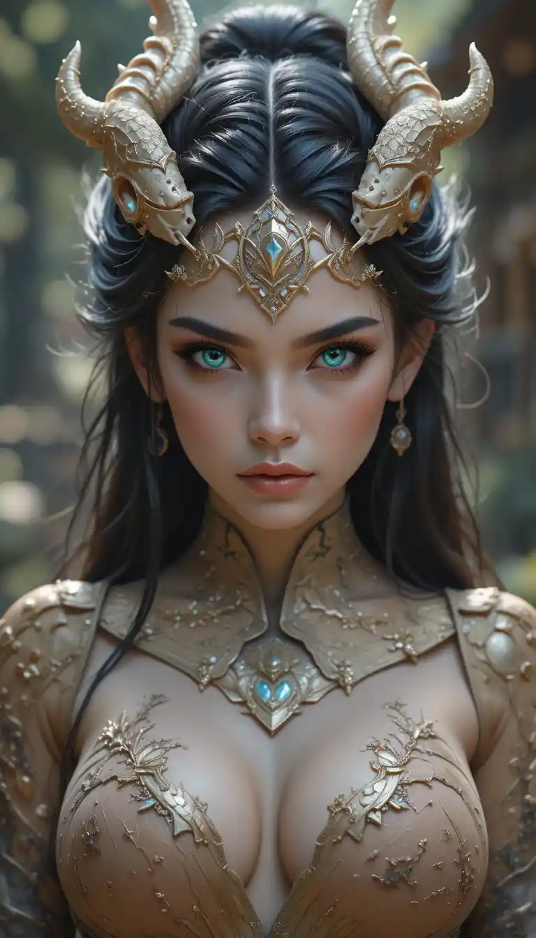 Dragon woman with amber eyes in a Wakfu inspired world
