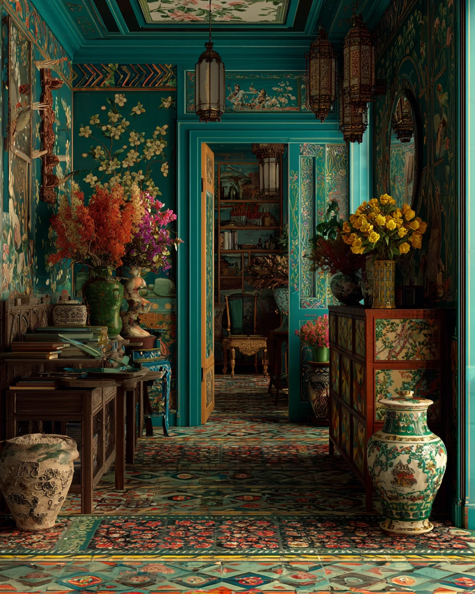 Chinoiserie style interior with funky charming colors