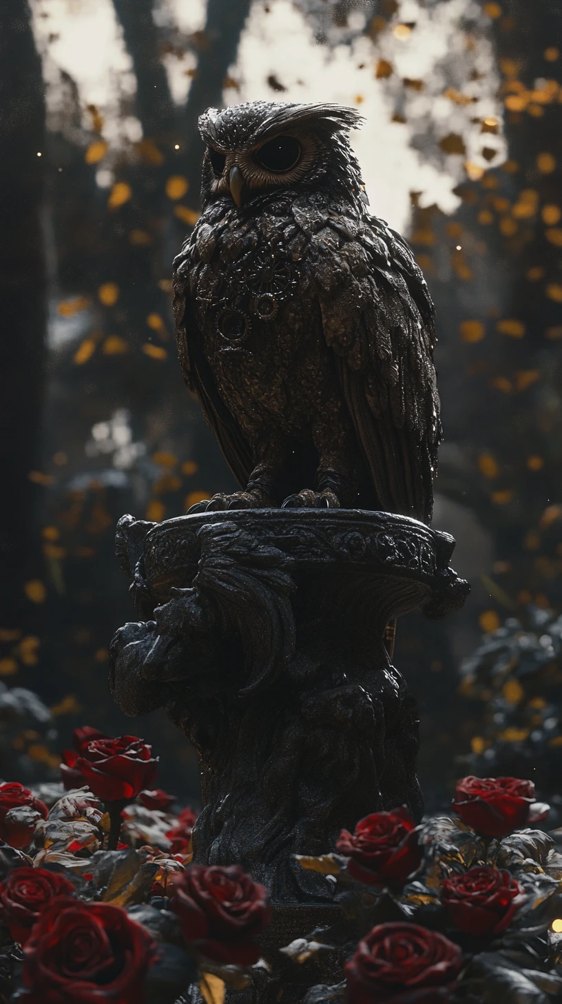 Mechanical owl on baroque angel fountain in moonlit garden