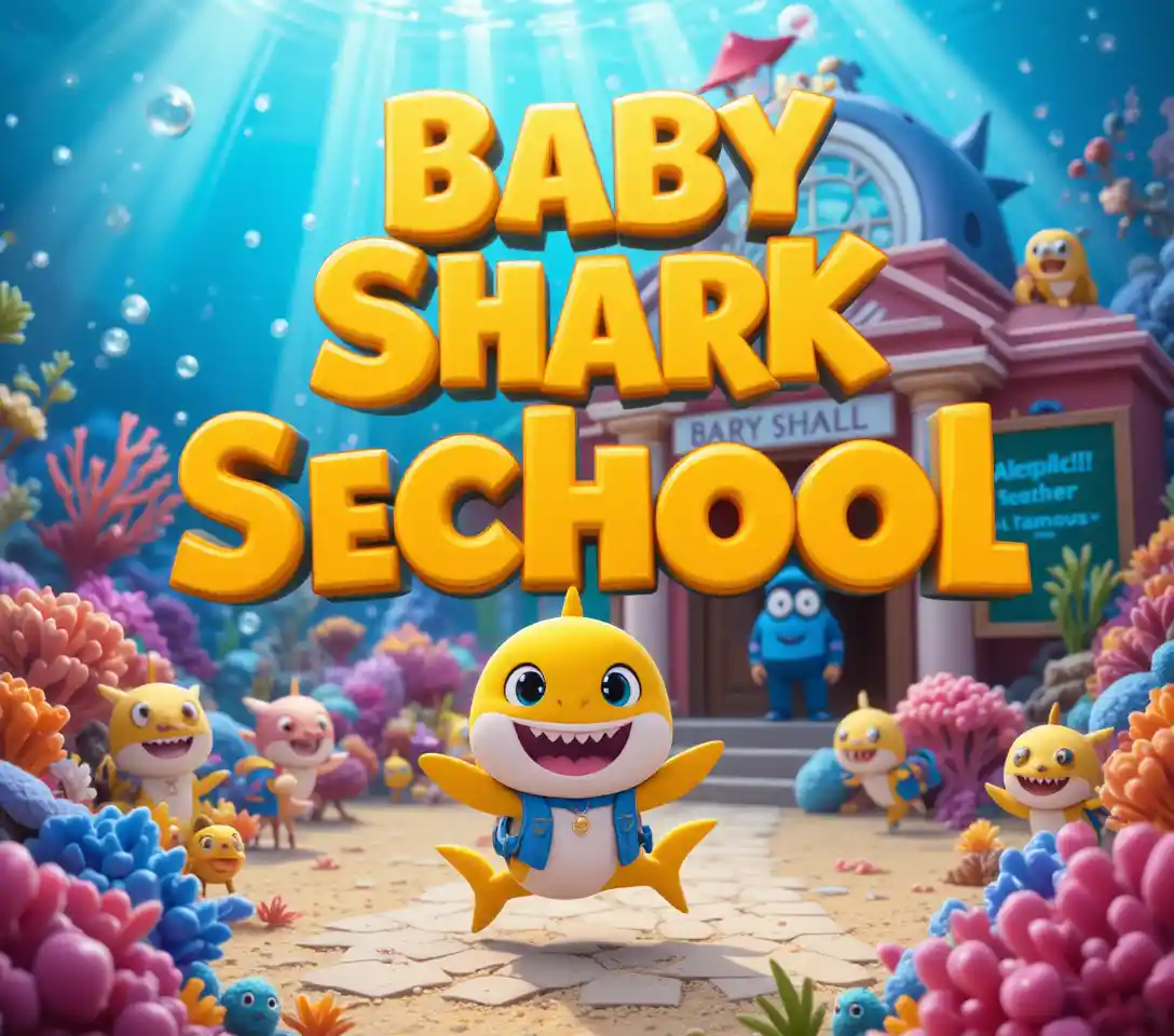 Cute baby shark swimming to a colorful underwater school