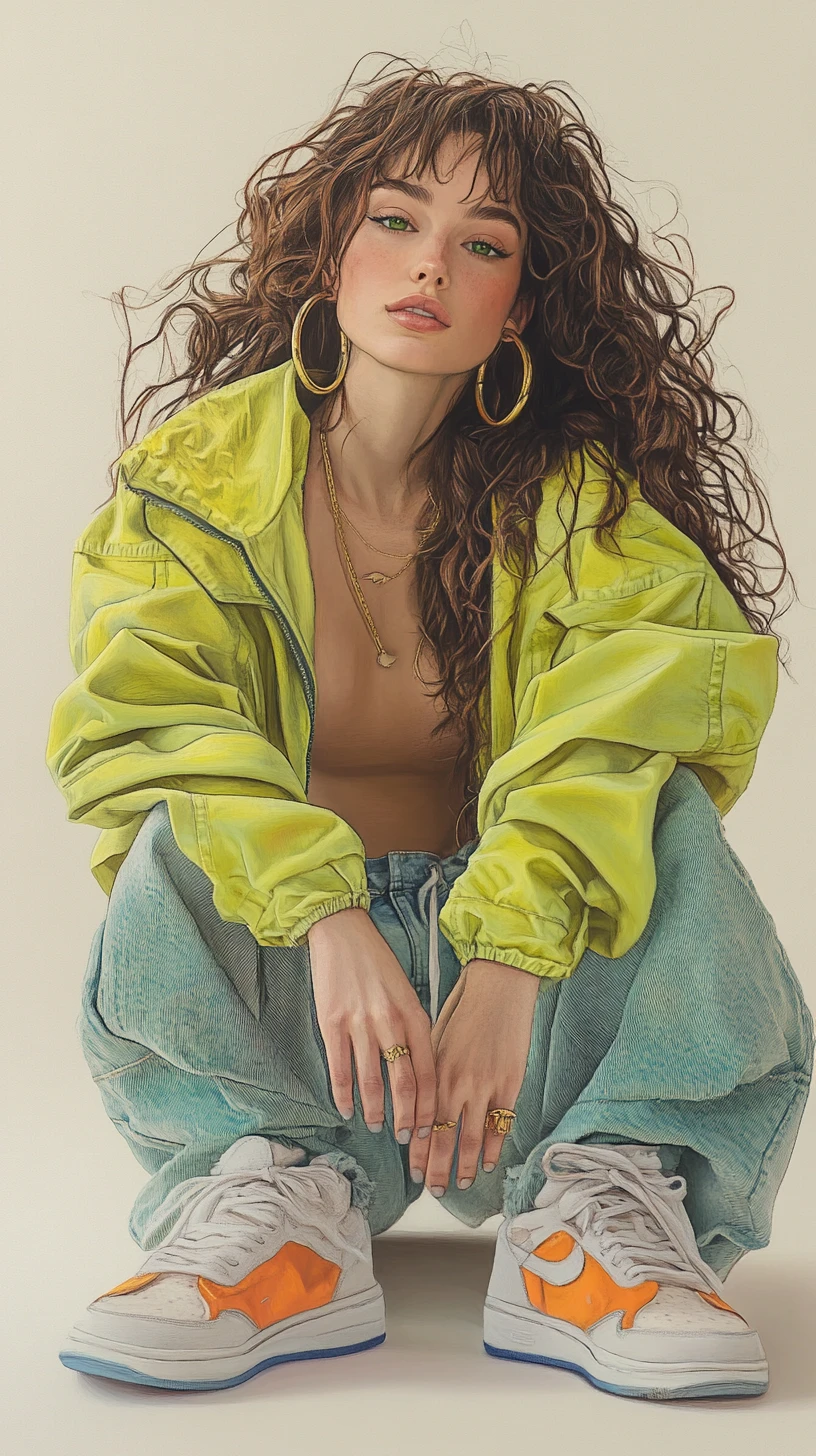 Seated woman with curly hair in casual streetwear